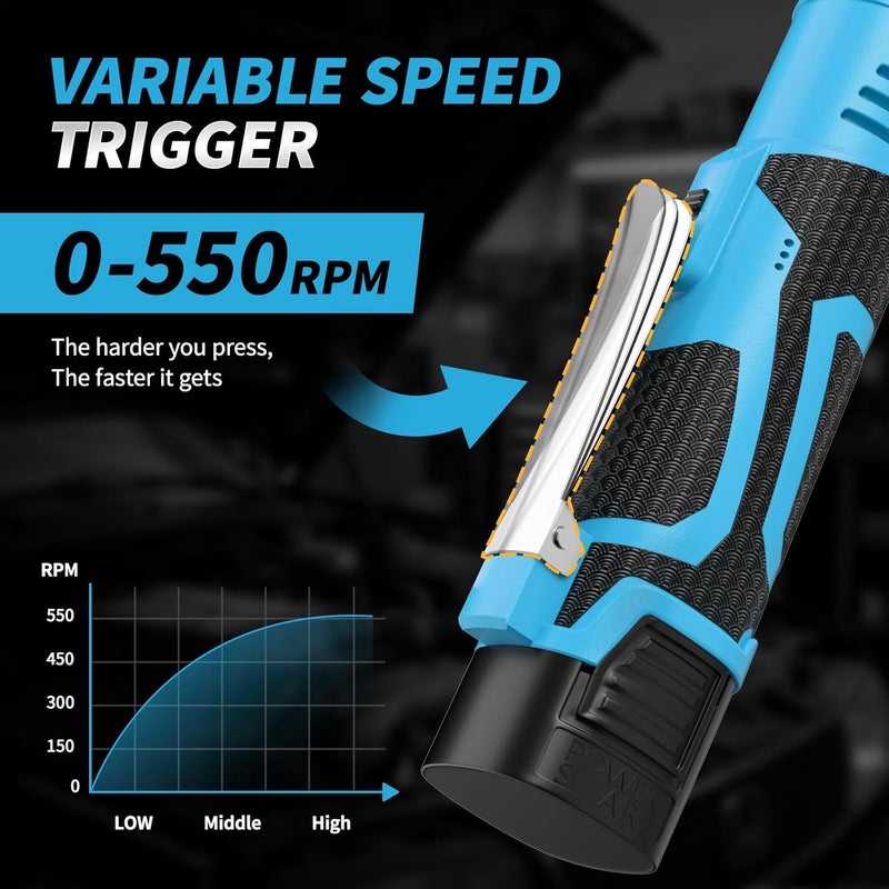 FULLYEA 3/8" Cordless Ratchet Wrench Set, 40 Ft-lbs, 550 RPM, 16.8V Electric Ratchet, Extended Power Ratchet Tool Kit with Variable Speed, 2 * 2.0Ah Battery, 1/4" Adapter & 3" Extension Bar(Blue) - Image 4